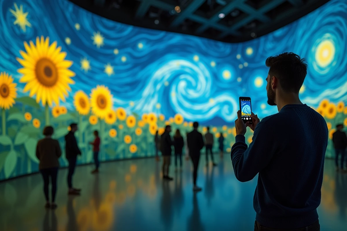 Visiteur admirant l'exposition immersive Van Gogh à Lyon avec des projections de tableaux sur les murs