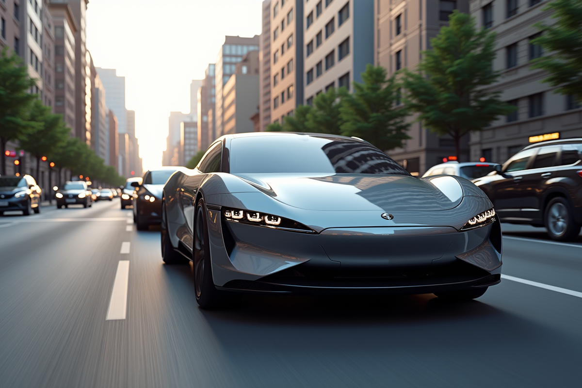 Voiture compacte 2025 en circulation dans une rue urbaine animée