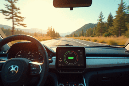 Voiture hybride compacte en mouvement sur une route ensoleillee