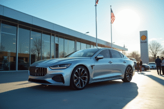 Voiture sedan argentée neuve devant un concessionnaire moderne