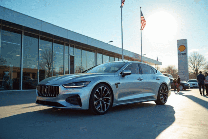 Voiture sedan argentée neuve devant un concessionnaire moderne