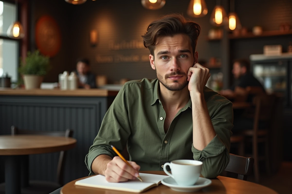 Yoann Usai planifiant son agenda dans un café, gérant à la fois couple, carrière et engagements personnels